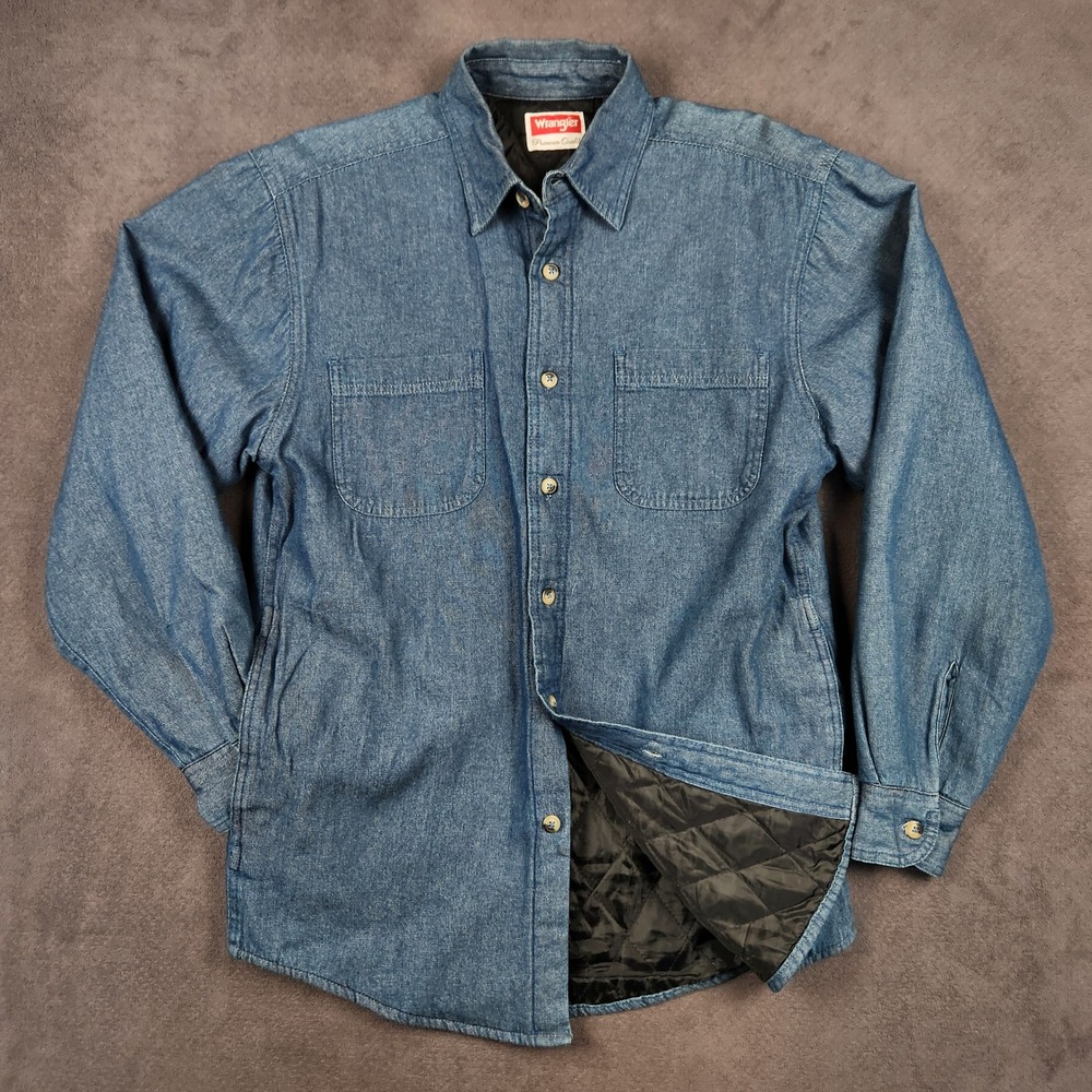 Wrangler Shirt Jacket Mens Small‎ Blue Quilted Lined Button Up Denim Workwear